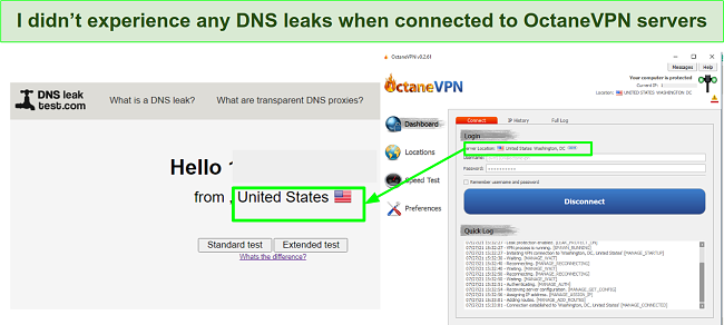Screenshot of OctaneVPN DNS Leak Test Result - passed