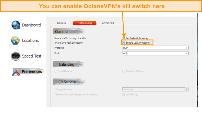 Screenshot showing how to enable OctaneVPN's killswitch