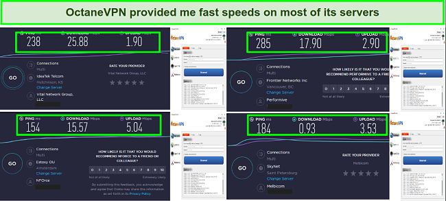 Screenshot of OctaneVPN speed test results showing fast speeds with servers in Washington, Vancouver, and Amsterdam.