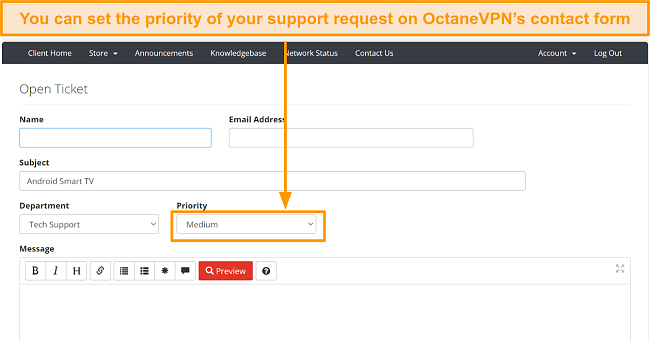 Screenshot of OctaneVPN ticketing form