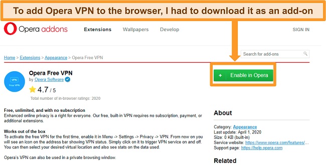 Screenshot of the Opera VPN add-on website
