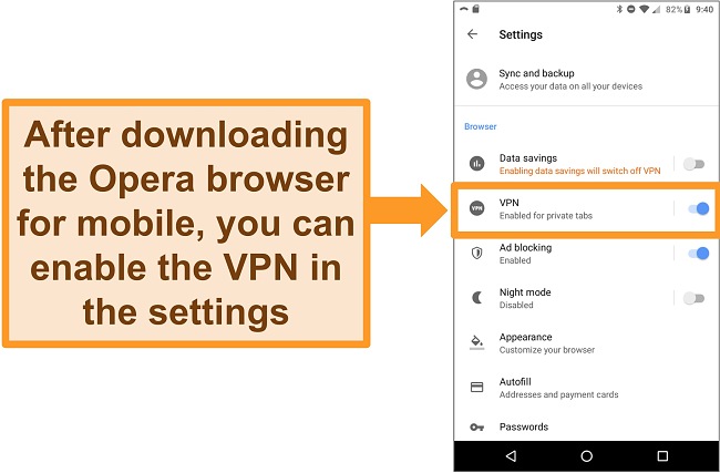 Screenshot of the Android Opera browser settings menu showing the VPN option enabled