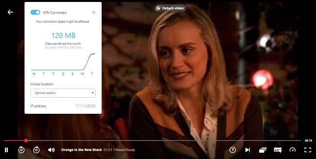 Orange, Netflix'teki New Black akışlarıyken Opera VPN'nin açık ekran görüntüsü