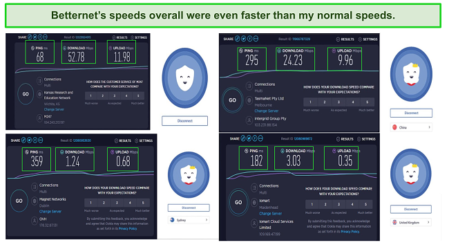 Screenshot of Betternet Speed results showing consistently good speeds.