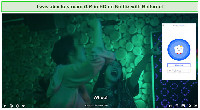 A screenshot of D.P. on Netflix while using Betternet