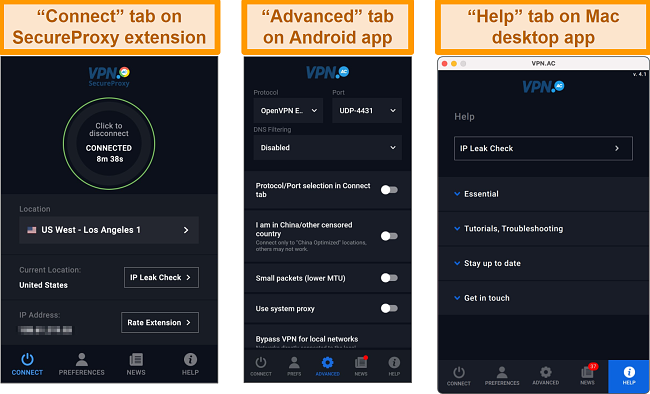 Screenshot of VPN.ac SecureProxy Chrome extension, Android and Mac desktop apps