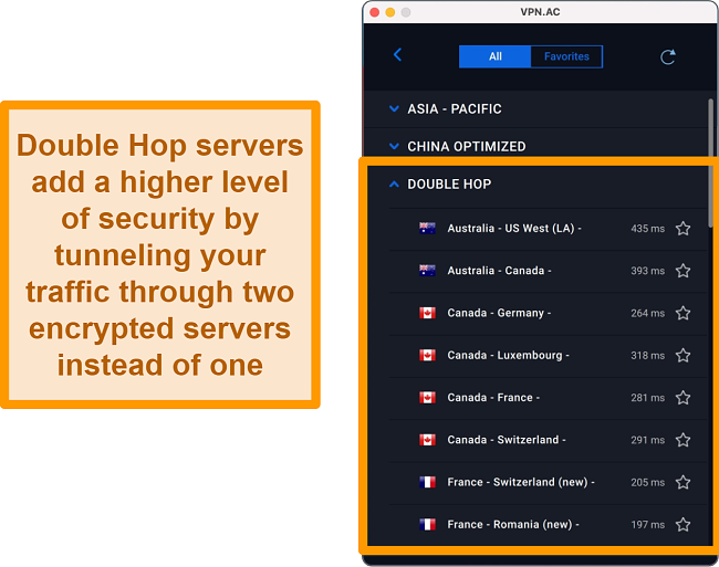 Screenshot of Double Hop servers on VPN.ac app