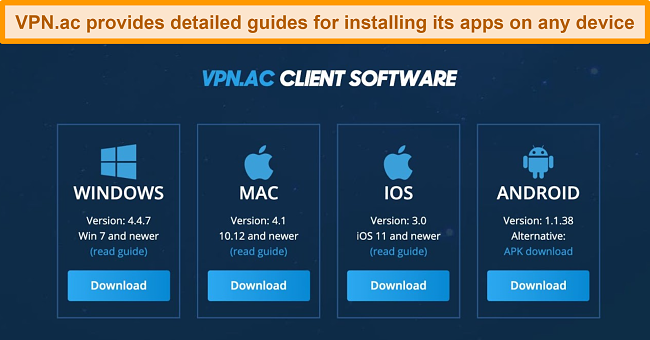 Screenshot of VPN.ac's native apps and installation guides