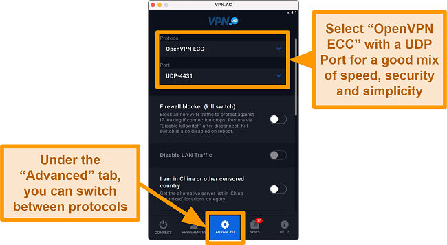 Screenshot of OpenVPN UDP Port on VPN.ac app