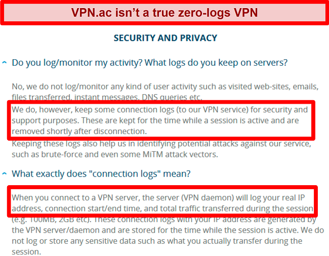 Screenshot of VPN.ac's privacy policy, showing that it temporarily logs data such as your real IP address