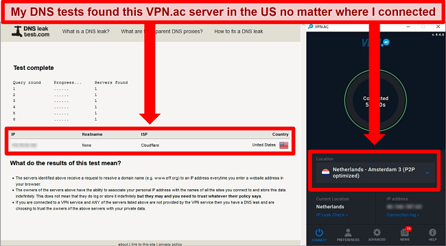 Screenshot of a DNS leak test showing an IP address in the US while VPN.ac is connected to a server in the Netherlands