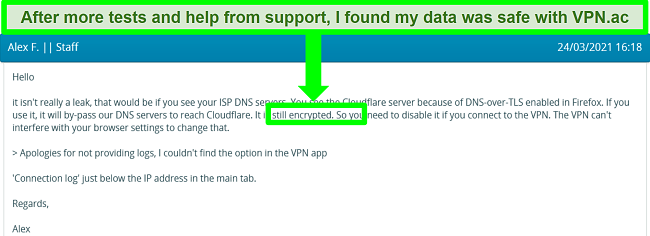 Screenshot of an exchange with VPN.ac support about a possible DNS leak