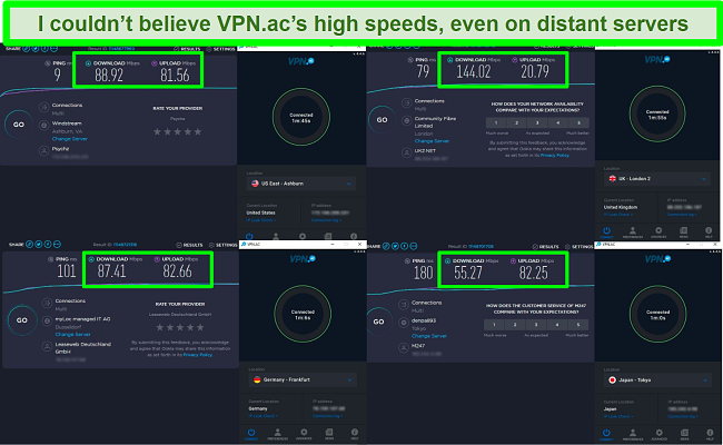 Screenshot of speed tests while VPN.ac is connected to servers in the US, the UK, Germany, and Japan