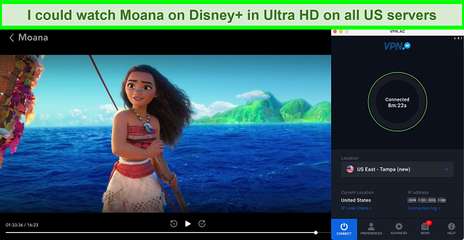 Screenshot of Moana playing on Disney+ while VPN.ac is connected to a server in Tampa, US