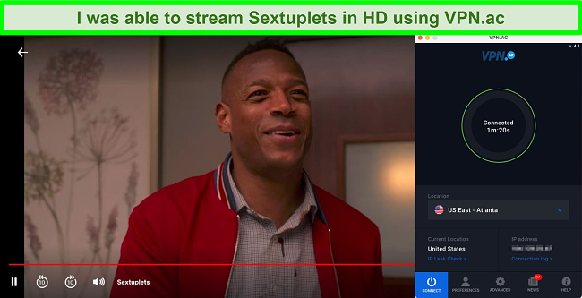 Screenshot of Sextuplets playing on Netflix while VPN.ac is connected to a server in Atlanta, US