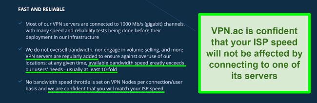 Screenshot of VPN.ac home page and server and speed claims