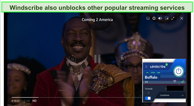 Screenshot showing Windscribe allowing user to watch Coming to America