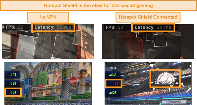 Screenshot of Call of Duty: Modern Warfare and Rocket League tested for latency increases when connected to Hotspot Shield VPN on PC.