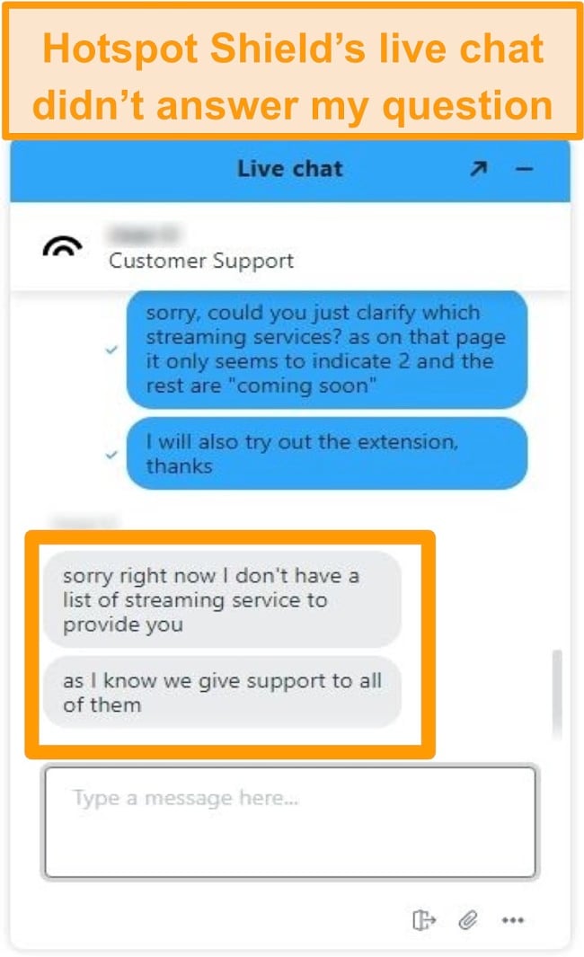 Screenshot of a Hotspot Shield live chat agent unable to answer my question