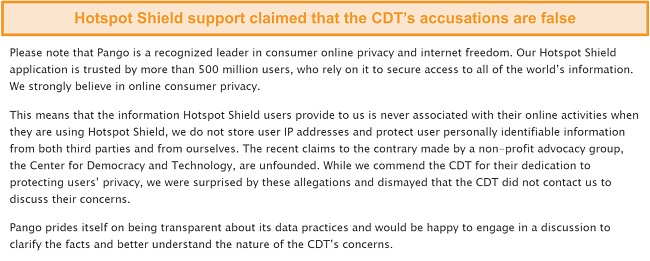 Screenshot of Hotspot Shield's email reply when asked about the 2017 incident involving the CDT filing a complaint to the FTC about Hotspot Shield's data collection practices.
