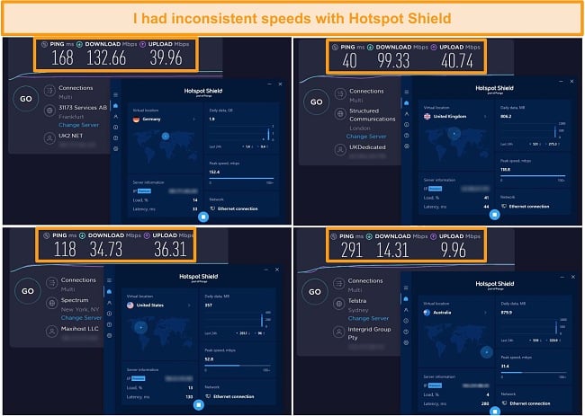 Screenshot of Hotspot Shield speed tests from Germany, the UK, the US, and Australia