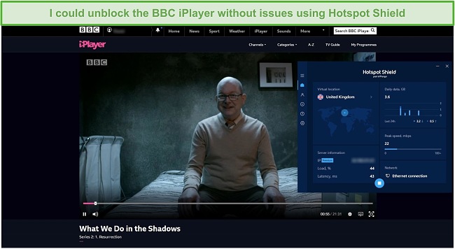Screenshot of Hotspot Shield unblocking What We Do in the Shadows on BBC iPlayer.