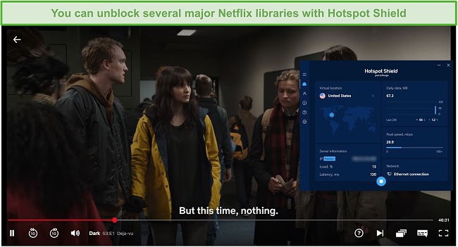Screenshot of Hotspot Shield unblocking Netflix and streaming Dark.