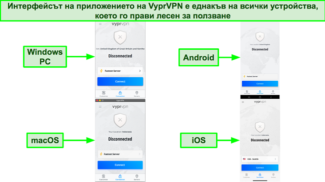 Екранни снимки на интерфейса на приложението на VyprVPN на компютър с Windows, Android, macOS и iOS