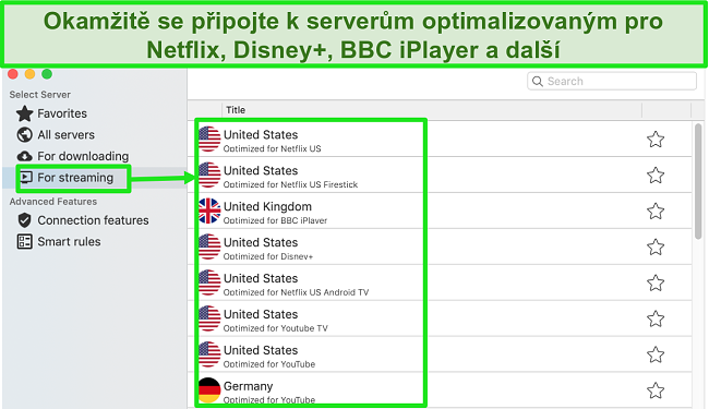 Snímek obrazovky karty Streaming v aplikaci CyberGhost pro Mac