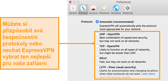 Screenshot of ExpressVPN's security protocols on the app