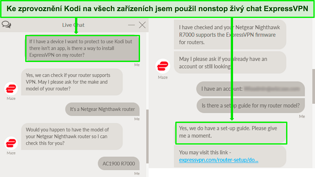 Snímek obrazovky výměny s podporou živého chatu ExpressVPN o používání ExpressVPN na routeru pro práci s Kodi