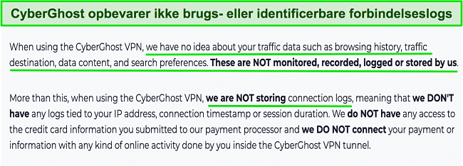 Skærmbillede af CyberGhost VPNs privatlivspolitik