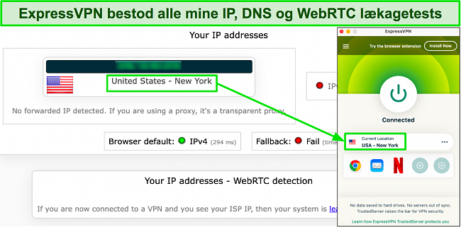 Billede af lækagetest, der viser, at ExpressVPN med succes skjuler brugerens originale IP-adresse