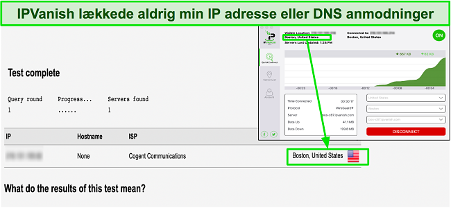 Billede af lækagetest, der viser, at IPVanish med succes skjuler brugerens originale IP-adresse