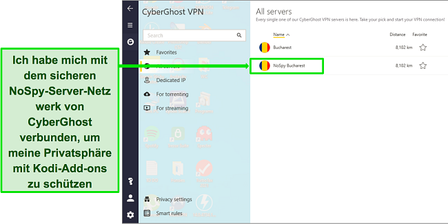 Screenshot des NoSpy-Servers von CyberGhost in Bukarest im Servermenü der Windows-App