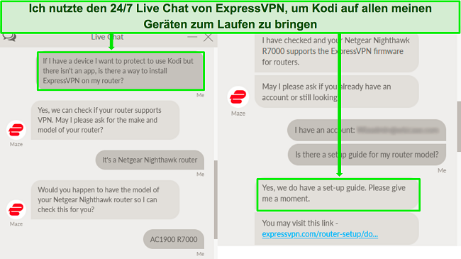 Screenshot eines Austauschs mit dem Live-Chat-Support von ExpressVPN über die Verwendung von ExpressVPN auf einem Router, um mit Kodi zu arbeiten