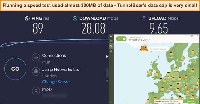 Screenshot of TunnelBear connected to a UK server with the result of a speed test from Ookla.