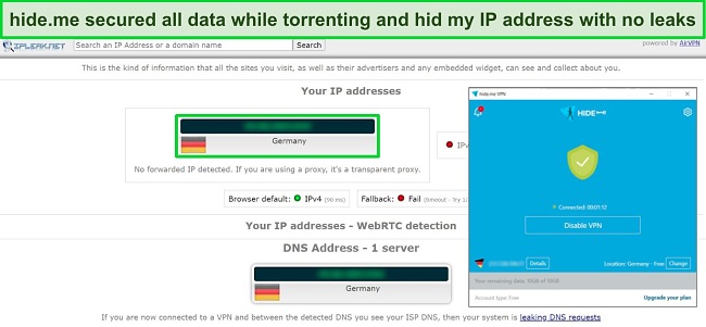 Screenshot of IP leak test results showing no leaks with hide.me connected to a German server.