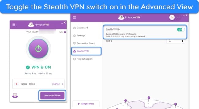 Screenshot of PrivateVPN's Stealth VPN settings on its app