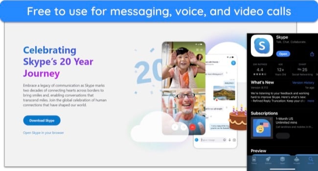 Screenshot of Skype's homepage and app