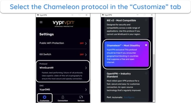 Screenshot of VyprVPN's protocol settings