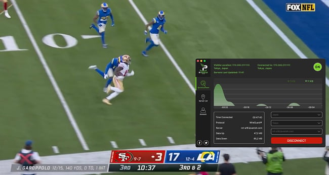 Screenshot of NFL game playing live on Game Pass while IPVanish is connected to a server in Japan