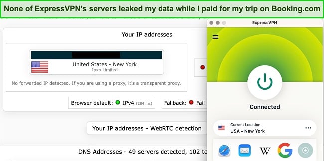 Screenshot of ExpressVPN's US server passing a leak test