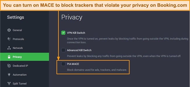 Screenshot of PIA's MACE ad blocker under the 