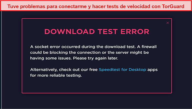 Captura de pantalla de un mensaje de error de prueba de velocidad.