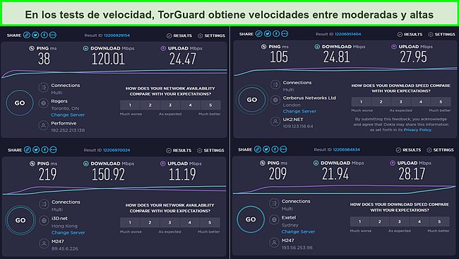 Captura de pantalla de los resultados de la prueba de velocidad que muestra velocidades promedio.