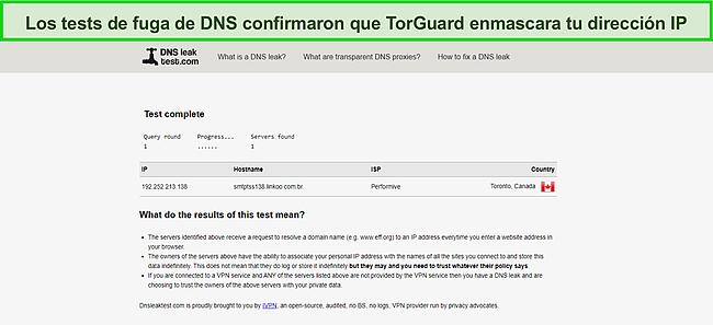 Captura de pantalla de una prueba de fugas de DNS exitosa con TorGuard.