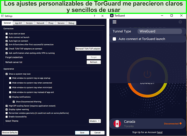 Captura de pantalla del menú de configuración de TorGuard.