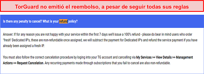 Captura de pantalla de la política de TorGuard sobre reembolsos.