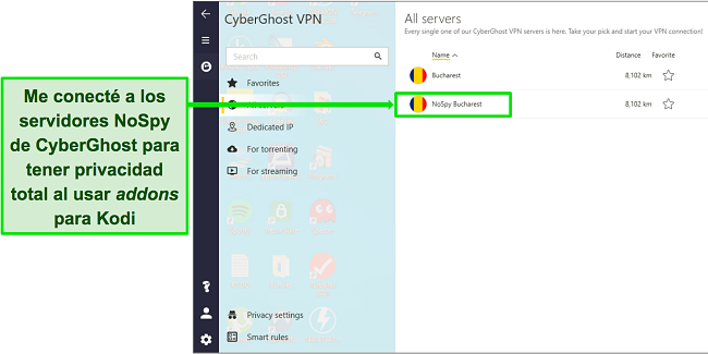 Captura de pantalla que muestra el servidor NoSpy de CyberGhost en Bucarest en el menú del servidor de la aplicación de Windows